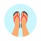 Vector illustration female feet with a pedicure in the summer flip-flops. summer - concept background