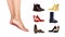 Vector illustration of female feet standing on finger toes and collection of different shoes on background