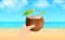 Vector illustration of female hand raising a coconut drink at the seashore