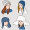 Vector illustration of female heads in various hats for cold weather