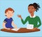 Vector illustration of a female teacher showing a flashcard to a male student.