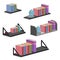 Vector illustration of five wall bookshelf with different designs, dark in color and containing books of various colors