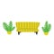 Vector illustration in flat cartoon style. Yellow striped sofa and plants on the sides.