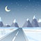 Vector illustration in flat desing: Winter mountains landscape with road, pine, christmas tree and clear starry sky with