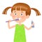 Vector illustration in a flat style. Girl  cleans teeth, cares for teeth.