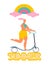 Vector illustration in flat style. rainbow, girl on a scooter, the inscription summer.