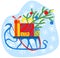 Vector illustration of flat, unusual sledge on which there are gifts and a branch of a Christmas tree with toys.