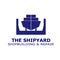 Vector illustration of a floating dock with a ship on it.  Can be used for shipyard logo