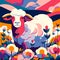 Vector illustration of a flock of sheep on a background of flowers. Generative AI