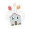 Vector illustration with a flying building, cottage carrying by balloons. Relocation, moving concept.