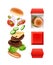 Vector illustration of flying large double cheeseburger in exploded view with red box, isolated on white background