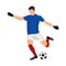 Vector illustration of football player shooting on goal. Soccer team player in uniform with state national flag of France