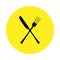 Vector illustration. fork and knife cross icon on yellow circle on white background. Restaurant menu icon