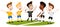 Vector illustration of four cartoon football players disagreeing and gesturing, standing on football field, referee interrupts