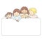 Vector illustration of four little kids, boy & girls, pointing and looking at  blank template for presentation, brochure or banner