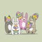 Vector illustration of four rabbits. Funny character for easter graphic greeting card resources.