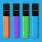 Vector illustration of four rectangular markers of orange, violet, green and blue color with black caps with a black stroke on a