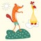 Vector illustration of foxes and yellow Turkey suitable for children`s books, clothes, cards. A cunning red Fox wants to catch a T