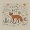 Vector illustration, a foxon on a square beige background with gray and orange flowers, leaves, branches and spots