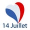 Vector illustration of french text phrase `14 Juillet` with big heart shaped french flag