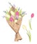 Vector illustration of a fresh sprong flower bouquet of tulips, wrapped in craft paper