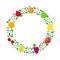 Vector illustration of fruit wreath from apple citrus strawberry grapes cherries pear pomegranate decorated with green leaves.