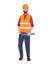 Vector illustration of a full-length male worker wearing a orange reflective work vest. A road or construction worker in