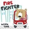 Vector illustration of funny bear firefighter on fire truck. Creative vector childish background for fabric, textile, nursery