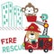 Vector illustration of funny bear firefighter on fire truck. Creative vector childish background for fabric, textile, nursery