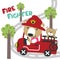 Vector illustration of funny bear firefighter on fire truck. Creative vector childish background for fabric, textile, nursery