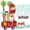 Vector illustration of funny bear firefighter on fire truck. Creative vector childish background for fabric, textile, nursery