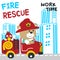 Vector illustration of funny bear firefighter on fire truck. Creative vector childish background for fabric, textile, nursery