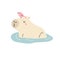 Vector illustration of a funny capybara sitting in a pond with a bird on her nose