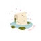 Vector illustration of a funny capybara sitting in a pond with water lilies