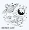 Vector illustration with a funny cat in a spacesuit. Cat astronaut soaring in space. Comic style illustration.