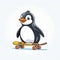 vector illustration, funny cheerful flat logo of a penguin riding a skateboard