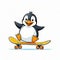 vector illustration, funny cheerful flat logo of a penguin riding a skateboard