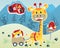 Vector illustration of funny giraffe pulling lion on cart in forest, little bird perch on signpost