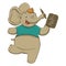 Vector illustration of a funny, gray, cheerful elephant in a blue t-shirt, drawing on a tablet, dancing, running, laughing, holdin