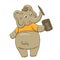 Vector illustration of a funny, gray, cheerful elephant in a yellow t-shirt, drawing on a tablet, dancing, running, laughing, hold