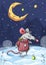 Vector illustration of funny mouse under the moon