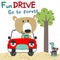 Vector illustration of funy bear driving the red car. Funny background cartoon style for kids. Little adventure with animals on