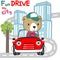 Vector illustration of funy bear driving the red car. Funny background cartoon style for kids. Little adventure with animals on