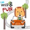 Vector illustration of funy lion driving the blue car. Funny background cartoon style for kids. Little adventure with animals on