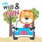 Vector illustration of funy lion driving the blue car. Funny background cartoon style for kids. Little adventure with animals on