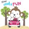 Vector illustration of funy monkey driving the red car. Funny background cartoon style for kids. Little adventure with animals on