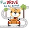 Vector illustration of funy tiger driving the red car. Funny background cartoon style for kids. Little adventure with animals on