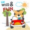 Vector illustration of funy tiger driving the red car. Funny background cartoon style for kids. Little adventure with animals on