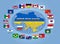 Vector illustration of G-20 countries flags. Flag and map of Ukraine in the center. Stop the war. G20, top twenty economies of the
