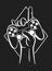 Vector illustration of a gamepad in the teen hand. Gamer logo with game console. Monochrome image of a joystick on the black